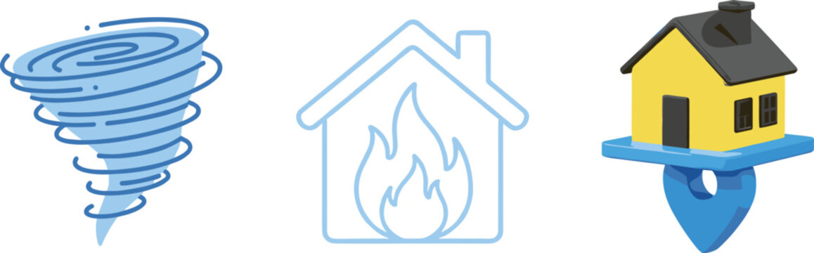 Set of icons representing natural disasters and home protection featuring a tornado, house on fire, and real estate location pin symbol.