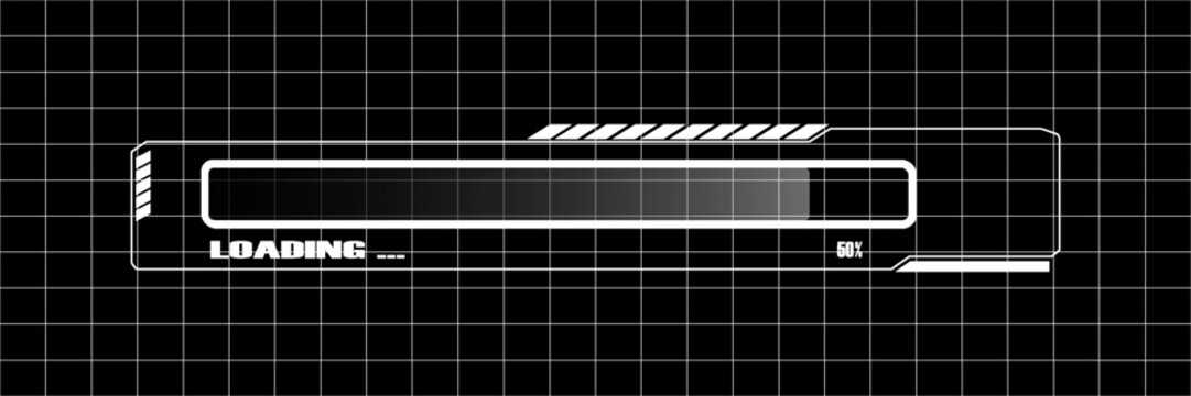 digital loading bar on a black grid background for websites and graphic resources. 50% loaded bar.