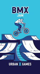 Naklejka premium Thrilling BMX Action: A Dynamic Illustration Showcasing Urban X Games and BMX Jam Excitement