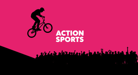 Naklejka premium Thrilling BMX Action: A Silhouette of a Rider Soaring in Front of an Excited Crowd