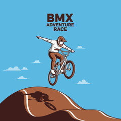 Naklejka premium Thrilling BMX Action: Captivating Illustration of a Biker Soaring Through The Air During a Race