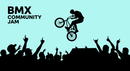 Fototapeta premium Thrilling BMX Community Jam Event with Stunt Rider and Enthusiastic Crowd Silhouette