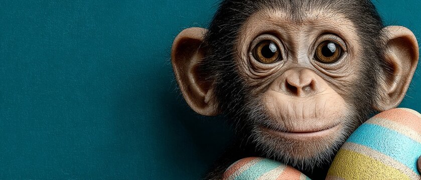 Joyful monkey celebrates easter with a decorated egg: happiness all around. Thriller poster. A charming monkey's easter message: multicolored egg on soft gradient. Scifi poster.