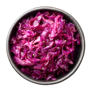 Freshly shredded purple cabbage in metal bowl for healthy cooking