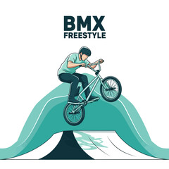 Naklejka premium Thrilling BMX Freestyle Action Depicted On A Teal Ramp Demonstrating Athletic Prowess and Skill