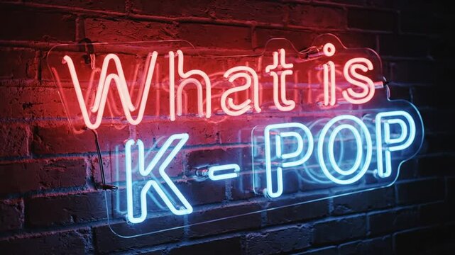 Neon sign glows red and blue against dark brick wall
