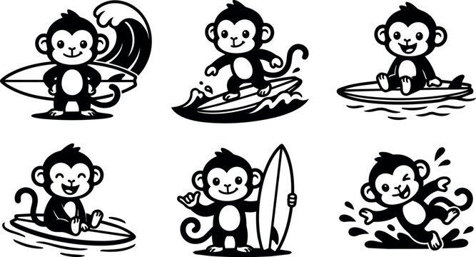 Monkeys surfing and playing on surfboards