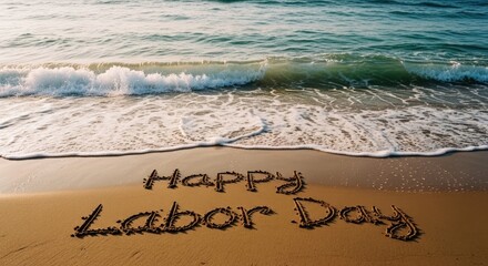 Labor day beach message 'happy labor day' written in sand