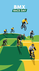 Naklejka premium Thrilling BMX Race: Cyclists Compete on a Course with Green Hills and a Clear Blue Sky
