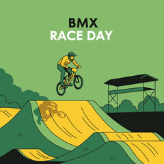 Naklejka premium Thrilling BMX Race Day Illustration Capturing High-Flying Action on an Expertly Designed Course