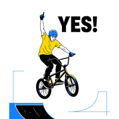 Naklejka premium Thrilling BMX Rider Celebrates Triumph, Airborne in a Dynamic Graphic Composition