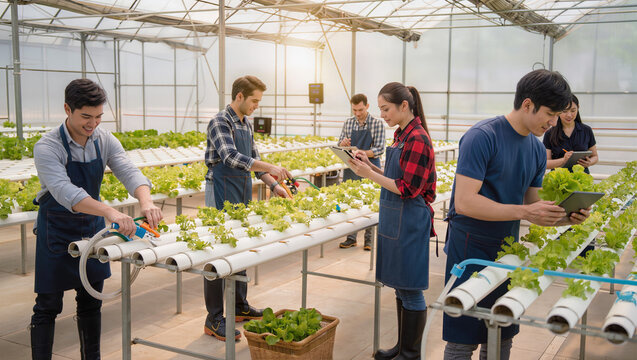 Diverse group of people working in a modern hydroponic greenhouse.