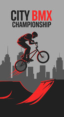 Naklejka premium Thrilling City BMX Championship Featuring Daring Stunts And High-Flying Urban Action