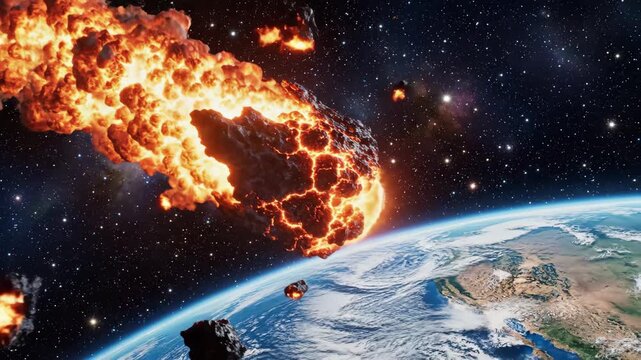 Asteroid impact approaching earth with enormous explosion threatening global catastrophe and destruction,realistic space scene