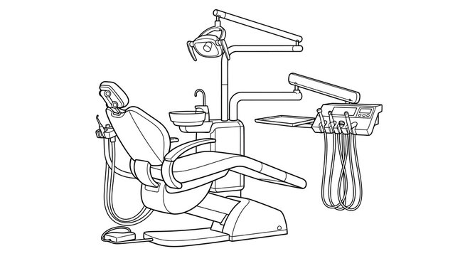 Line drawing of a dental chair and associated equipment