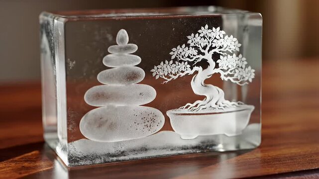 Etched Glass Decor with Zen Designs - This stock video shows a transparent glass cube resting on a wood surface, featuring etched designs of stacked zen stones and a bonsai tree.