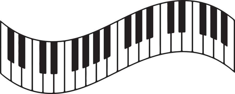 Abstract wavy piano keyboard with black and white keys on white background, also transparent background