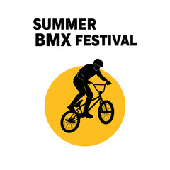 Naklejka premium Thrilling Summer BMX Festival Illustration Showcasing Biker Performing Stunts Against Yellow Orb