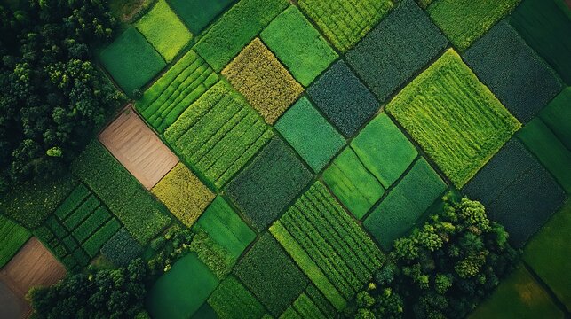 Aerial View of Green Patchwork Fields and Trees
