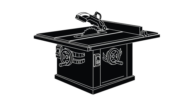 Black and white illustration of a table saw woodworking machine