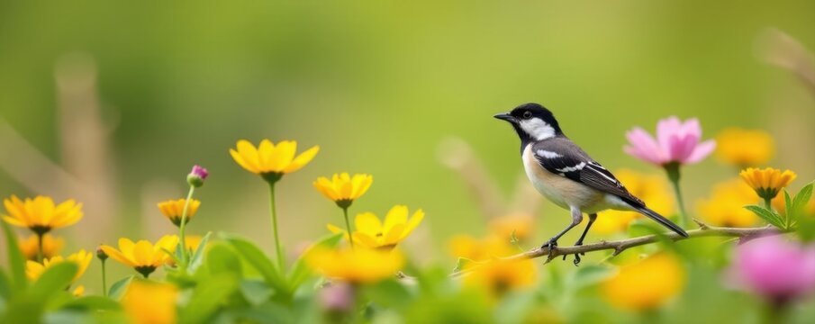 Wagtail perched on wildflowers, vibrant meadow , summer, rural