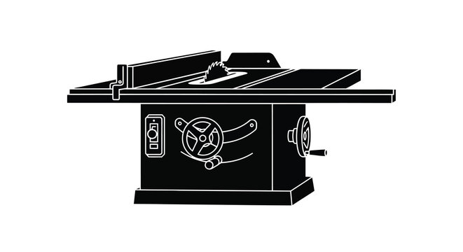 Black and white illustration of a table saw woodworking machine