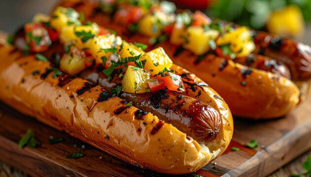 Grilled sausages in buns, fresh pineapple salsa and parsley topping, rustic wooden board serving, tasty food, culinary concept, delicious snack.