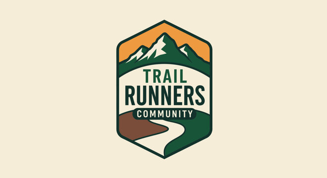 Trail Running Community Logo Featuring Mountains, River, and Outdoor Adventure Elements