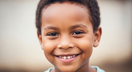 Naklejka premium A Young Boy's Radiant Smile and Joyful Eyes in an Intimate Close-up Portrait.