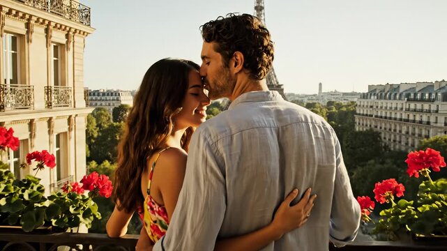 Couple enjoying romantic moment on balcony in Paris. Stunning view of Eiffel Tower creates perfect backdrop. Bright flowers add charm to this beautiful scene. Love and happiness fill air.