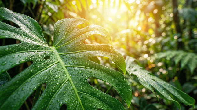 Lush Monstera Leaf with Water Drops in a Sunlit Tropical Jungle with Golden Bokeh Background