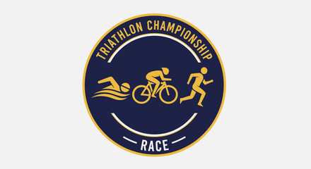 Obraz premium Triathlon Championship Emblem Depicting Swimming, Cycling, And Running Competition