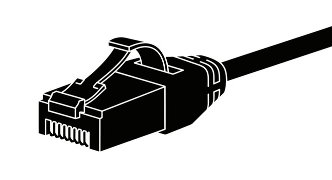 A stark black silhouette depicts a common rj45 ethernet cable connector showcasing modern data transmission technology in a minimalist silhouette high quality professional detailed