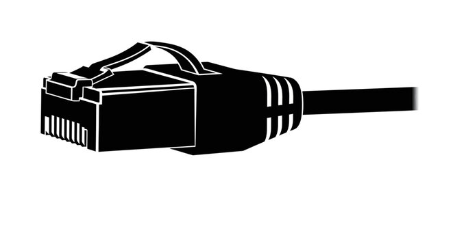A stark black silhouette of an rj45 ethernet cable connector is prominently displayed against a plain white background silhouette high quality professional detailed modern