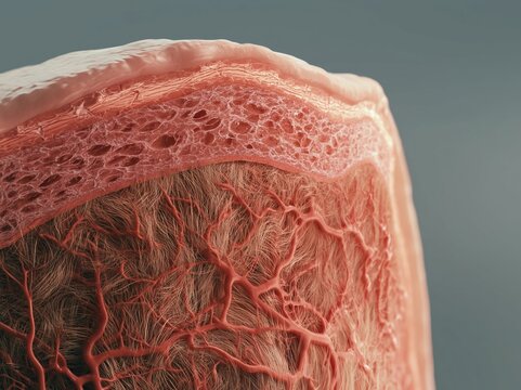 Detailed cross-section of human skin showing epidermis, dermis, and blood vessels