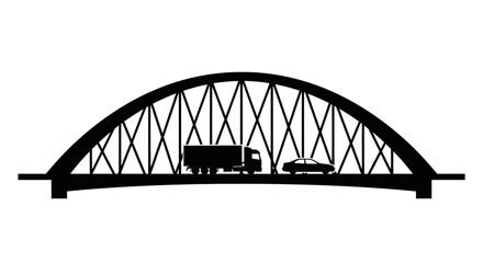 A stark black silhouette depicts a bridge with a truck and car crossing creating a simple yet striking image silhouette high quality professional detailed © Itz