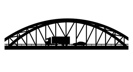 Obraz premium A stark black silhouette depicts a transport truck and car traveling across a large arched bridge structure silhouette high quality professional detailed modern elegant