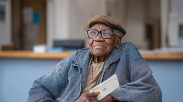 Elderly Black grandmother waits on metal folding chair inside sparse municipal office, numbered ticket in weathered hand, affordable housing waitlist clipboard visible on counter, fluorescent lighti