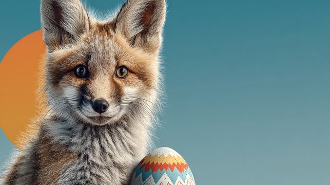 Radiant easter moments with a playful fox cub. Design template. Playful fox cub holding a springtime egg with pastel backdrop joy. Blank background. Empty space.