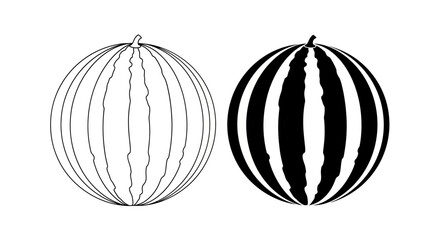 Two round watermelons are depicted in a simple line drawing style one with detailed rind lines and the other as a striking silhouette © Itz