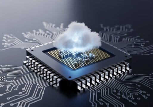 Luminous Data Cloud Materializing Above a High-Tech CPU on a Circuit Board.