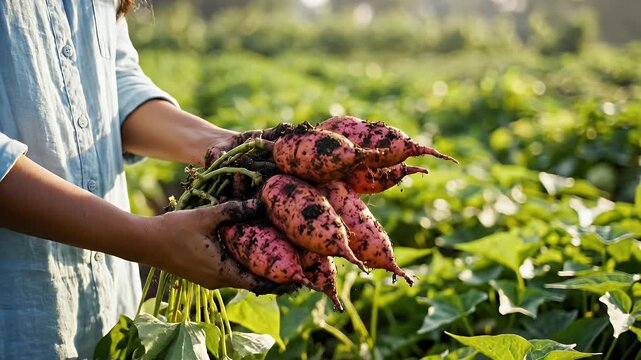 Freshly Harvested Sweet Potatoes - A woman holds a bunch of freshly harvested sweet potatoes in a field.
