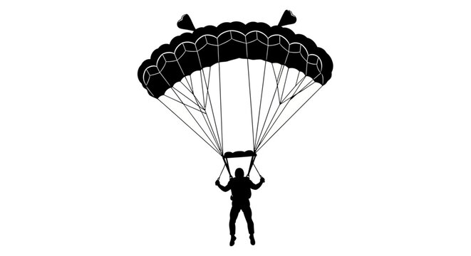 A striking black silhouette depicts a skydiver descending with a fully deployed parachute against a white background showcasing aerial adventure silhouette high quality professional