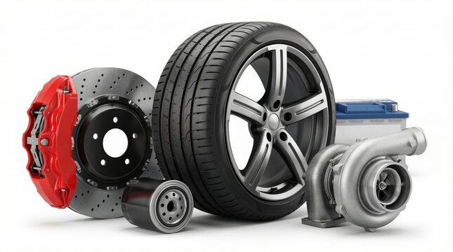 Set of essential automotive spare parts including car tire brake disc turbocharger battery and oil filter