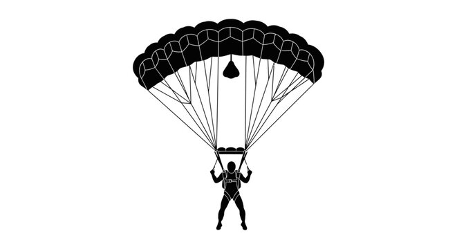 A striking black silhouette depicts a skydiver suspended beneath a fully deployed parachute showcasing the thrill of freefall silhouette high quality professional detailed modern