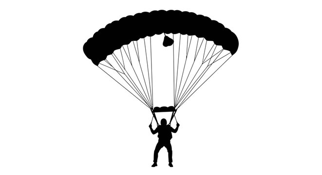 A dramatic black silhouette depicts a skydiver gracefully descending with a fully deployed parachute against a white backdrop silhouette high quality professional detailed modern