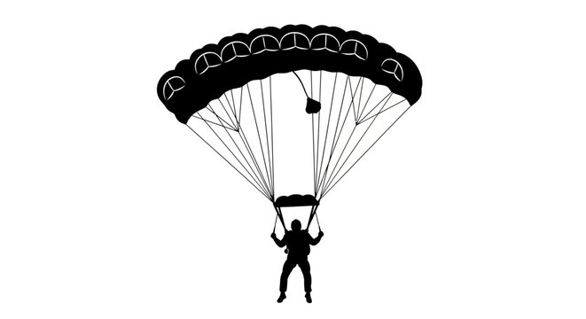 A striking black silhouette depicts a skydiver gracefully descending with a fully deployed parachute against a plain background silhouette high quality professional detailed modern