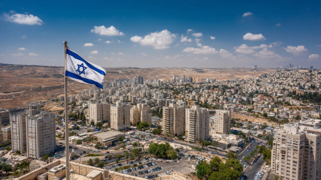 Israeli flag waving above modern Middle Eastern city with urban skyline desert surroundings and clear sky