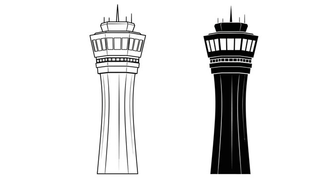 A pair of detailed air traffic control towers are presented in contrasting black and white creating a bold visual impact silhouette high quality professional