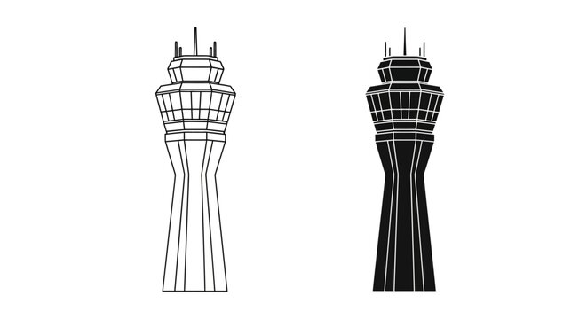 Two architectural renderings depict control towers with distinct line work one white one black showcasing a striking silhouette high quality professional detailed modern elegant